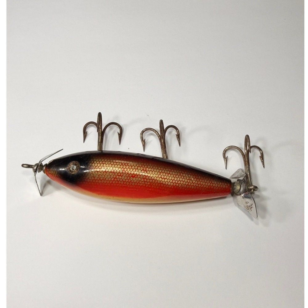 Vintage Creek Chub Injured Minnow Wooden Fishing Lure Red Gold Scale Glass Eyes